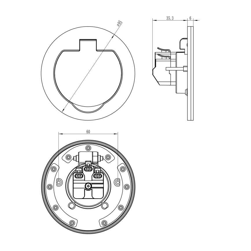 Lauko įmontuotas grindų socket IP55 apvalus