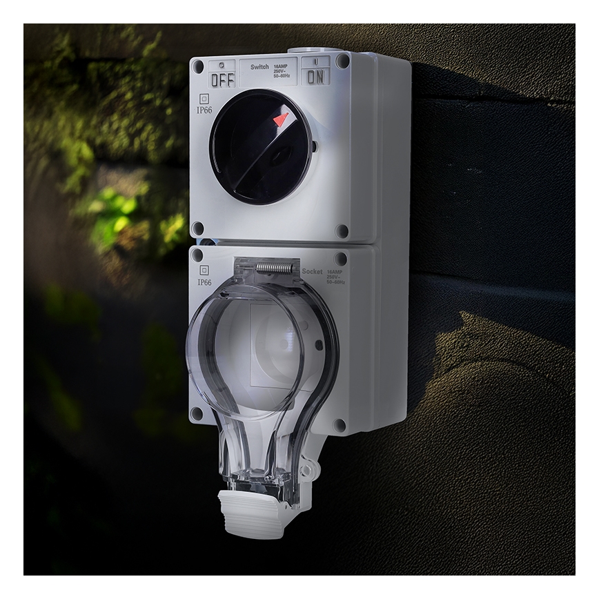 Lizdas drėgnoms patalpoms su jungikliu 230V/16A IP66