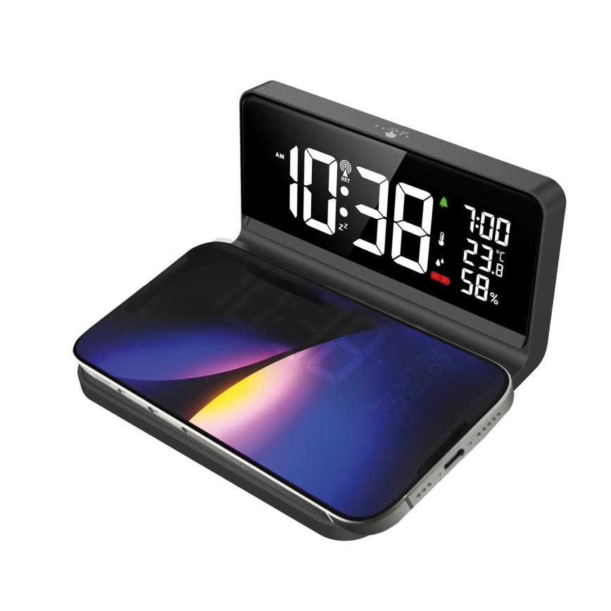 Solight CA06 - LED Žadintuvas su LCD ekranu ir belaidis įkrovimas Qi LED/10W/230V