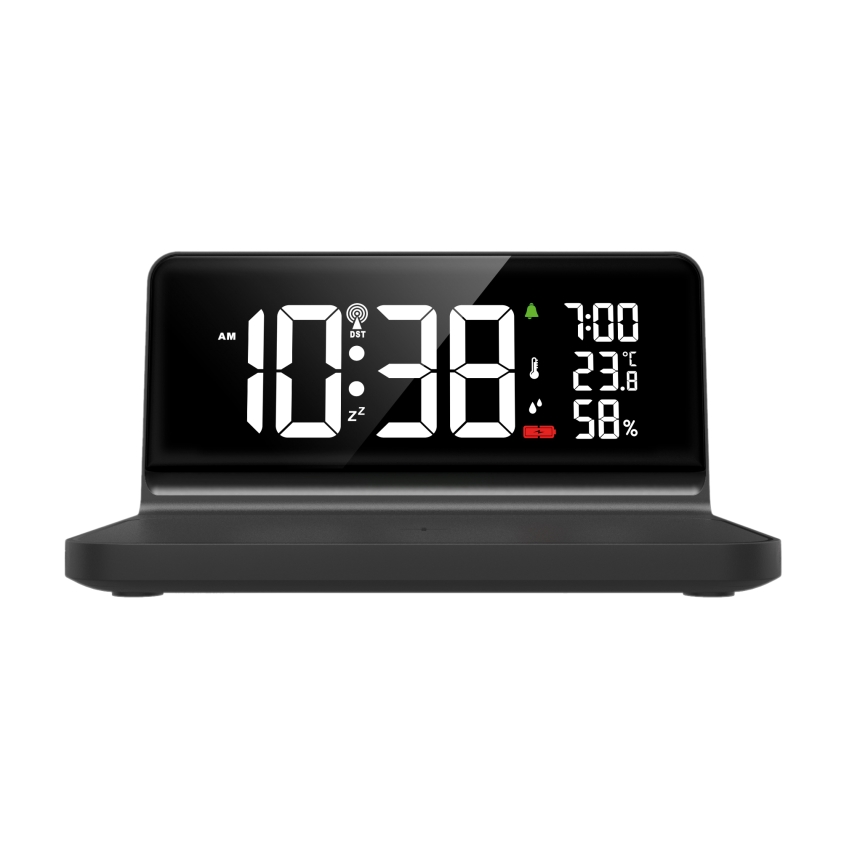 Solight CA06 - LED Žadintuvas su LCD ekranu ir belaidis įkrovimas Qi LED/10W/230V
