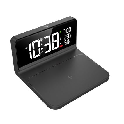 Solight CA06 - LED Žadintuvas su LCD ekranu ir belaidis įkrovimas Qi LED/10W/230V