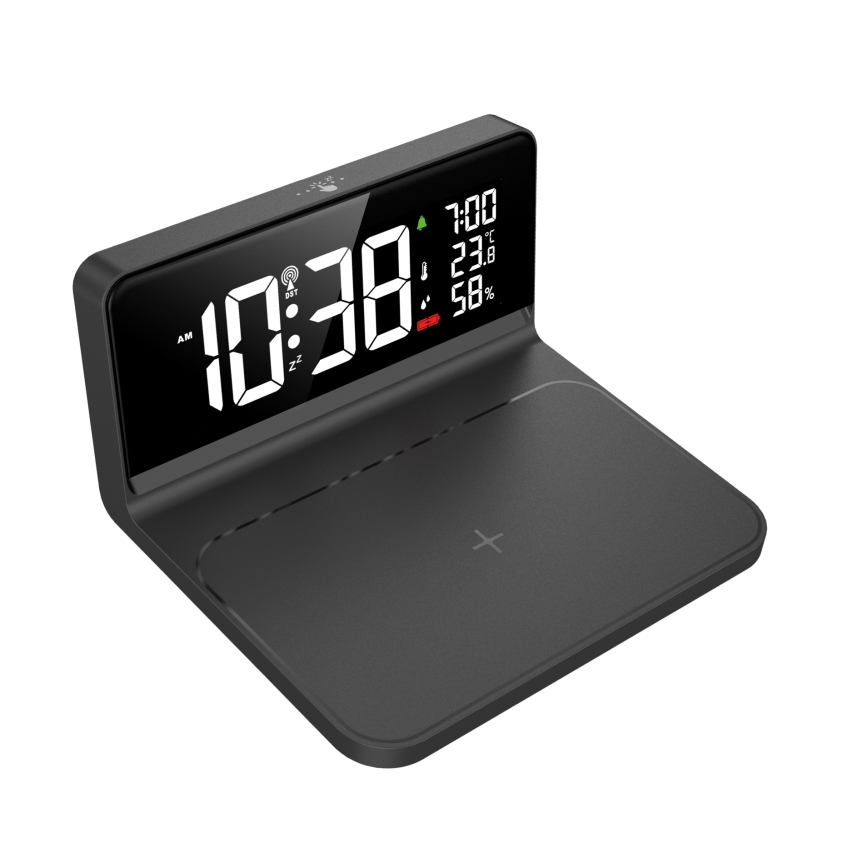 Solight CA06 - LED Žadintuvas su LCD ekranu ir belaidis įkrovimas Qi LED/10W/230V