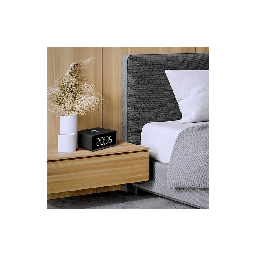 Skaitmeninis laikrodis su Qi belaidžiu įkrovikliu 230V/CR2032, juodas