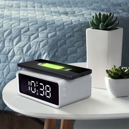 Skaitmeninis laikrodis su Qi belaidžio įkrovimo funkcija, 230 V / CR2032, baltas