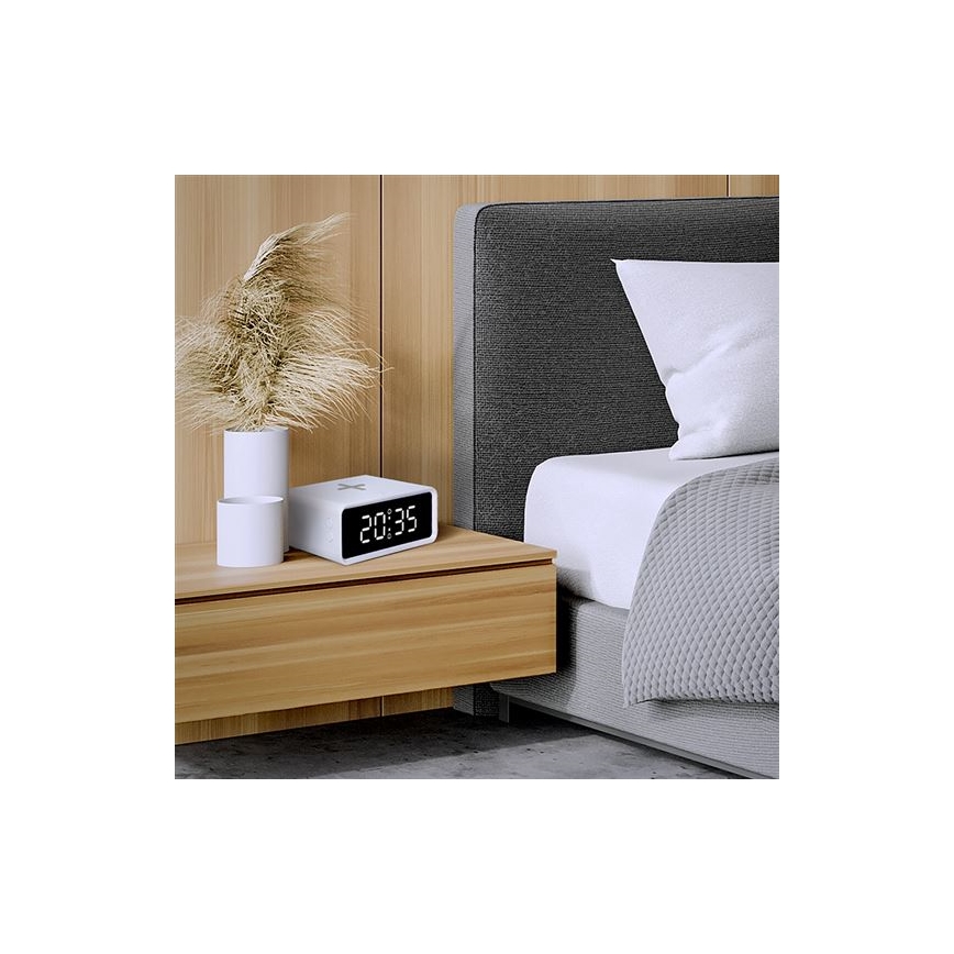 Skaitmeninis laikrodis su Qi belaidžio įkrovimo funkcija, 230 V / CR2032, baltas