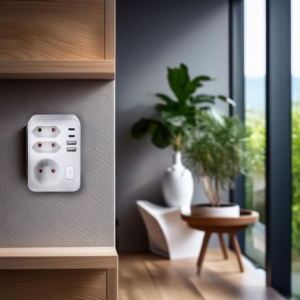 Išsišakojanti rozetė 1x16A+2x 2,5A su 2x USB A+C įkrovikliu, balta
