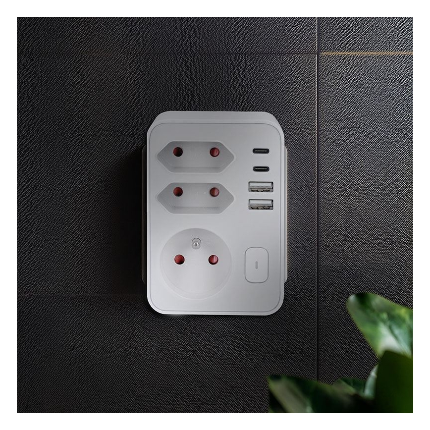 Išsišakojanti rozetė 1x16A+2x 2,5A su 2x USB A+C įkrovikliu, balta