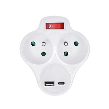 Kištukinio lizdo skirstytuvas su USB A+C charger ir jungiklis 2x10A balta