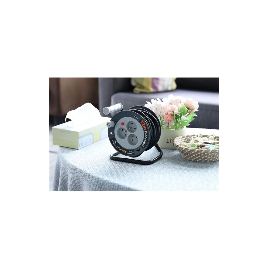 3 lizdų pratęsimo kabelis ant ritės, 12 m