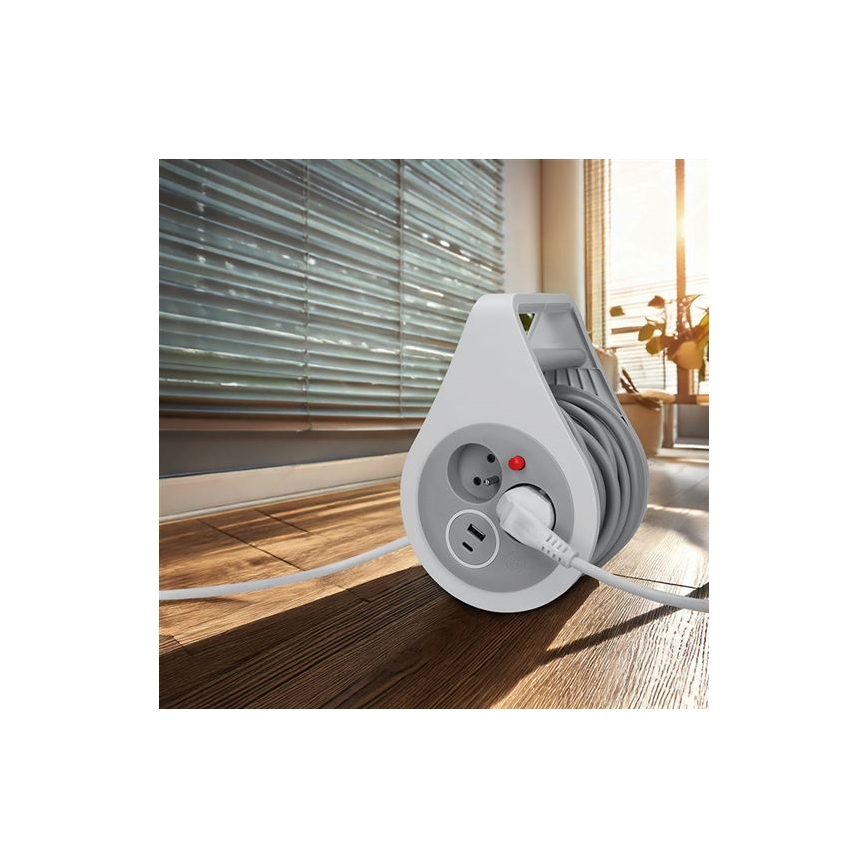 Pratęsimo laidas ant ritės, 2 lizdai + USB A+C, 10 m