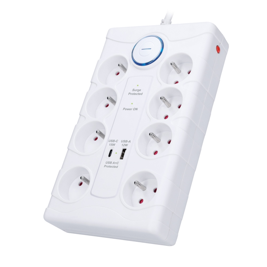 Prailgintuvas su jungikliu, 8 lizdų, E tipo + 1x USB-A + 1x USB-C, 2 m, baltas