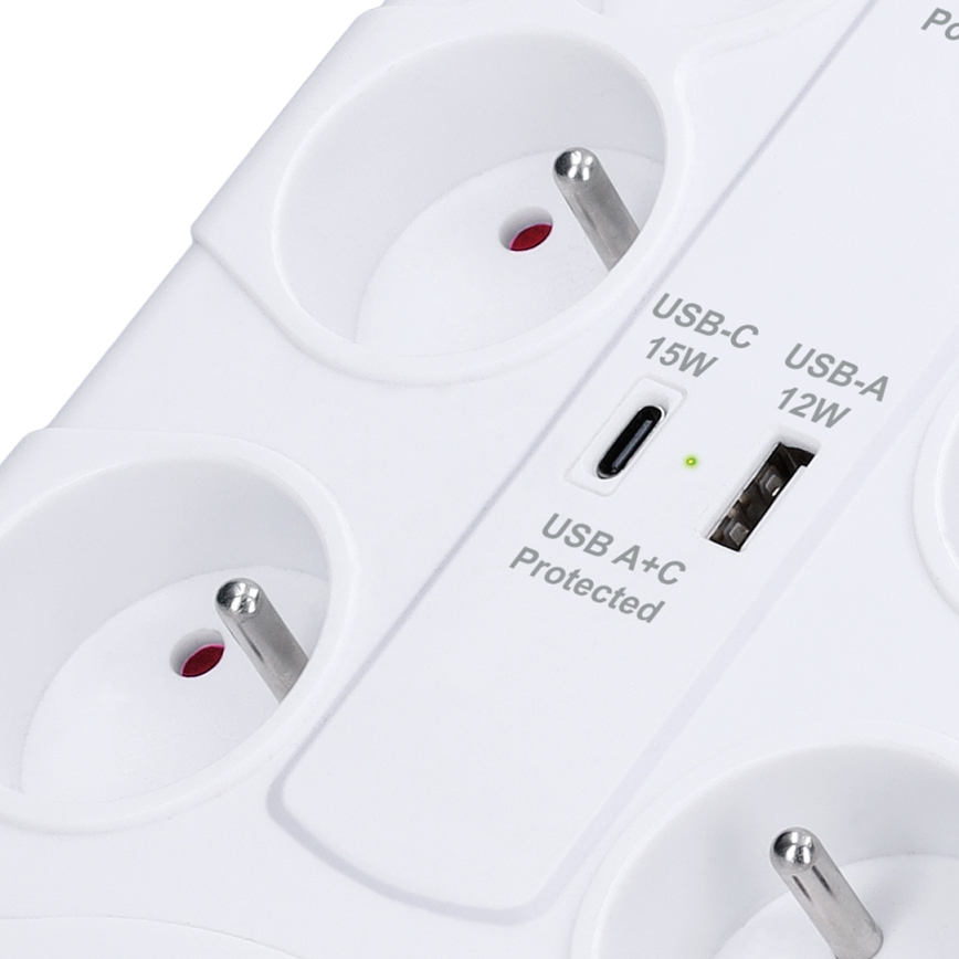 Prailgintuvas su jungikliu, 8 lizdų, E tipo + 1x USB-A + 1x USB-C, 2 m, baltas