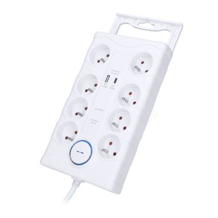 Prailgintuvas su jungikliu, 8 lizdų, E tipo + 1x USB-A + 1x USB-C, 2 m, baltas