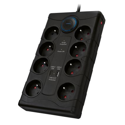 Prailginimo laidas su jungikliu ir apsauga nuo viršįtampių, 8 lizdų, E tipo kištukas + 1xUSB-A + 1xUSB-C, 2 m, juodas