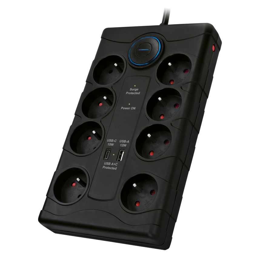 Prailginimo laidas su jungikliu ir apsauga nuo viršįtampių, 8 lizdų, E tipo kištukas + 1xUSB-A + 1xUSB-C, 2 m, juodas