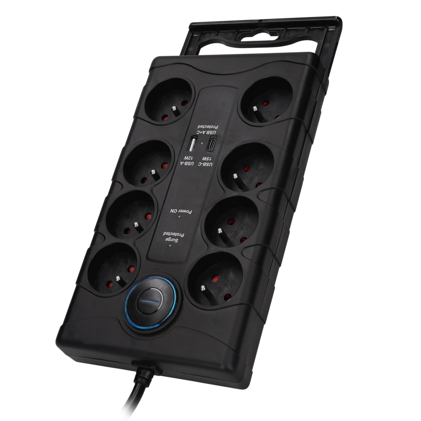 Prailginimo laidas su jungikliu ir apsauga nuo viršįtampių, 8 lizdų, E tipo kištukas + 1xUSB-A + 1xUSB-C, 2 m, juodas