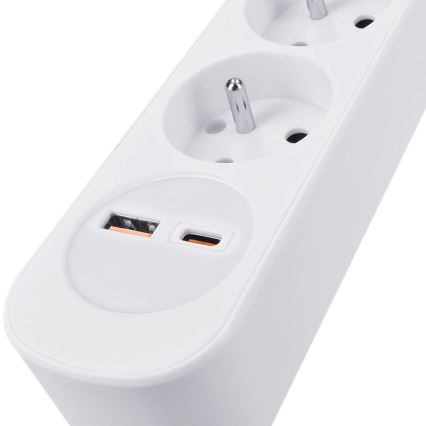 3 lizdų prailgiklis su jungikliu ir USB A+C įkrovimu, 3 m