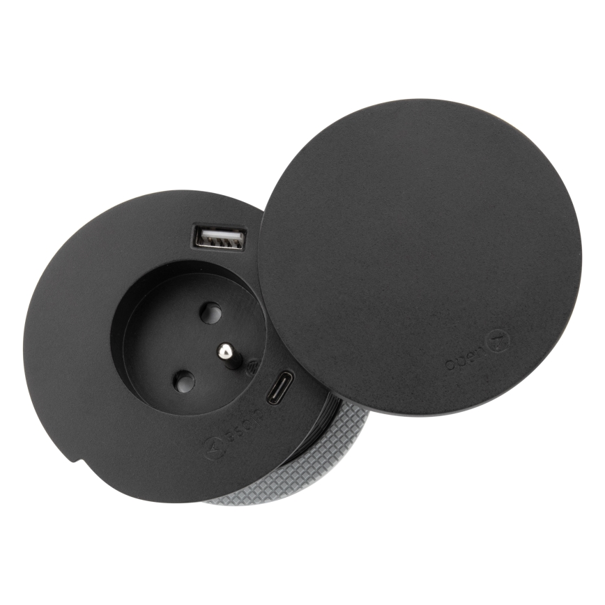 Įmontuojama maitinimo rozetė su 10 W belaidžiu įkrovimu, 1 lizdas + USB A ir C, juoda