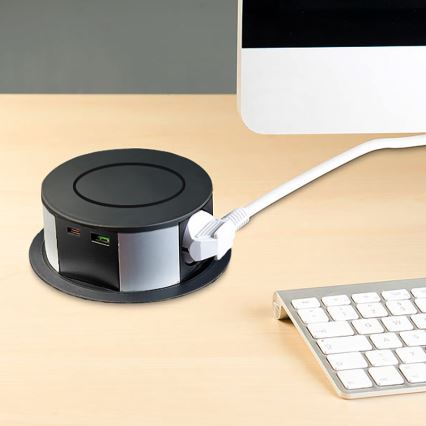 Stalviršio lizdo kolonėlė su Qi belaidžiu įkrovimu 3x230V + 1xUSB-A + 1xUSB-C juoda/sidabras