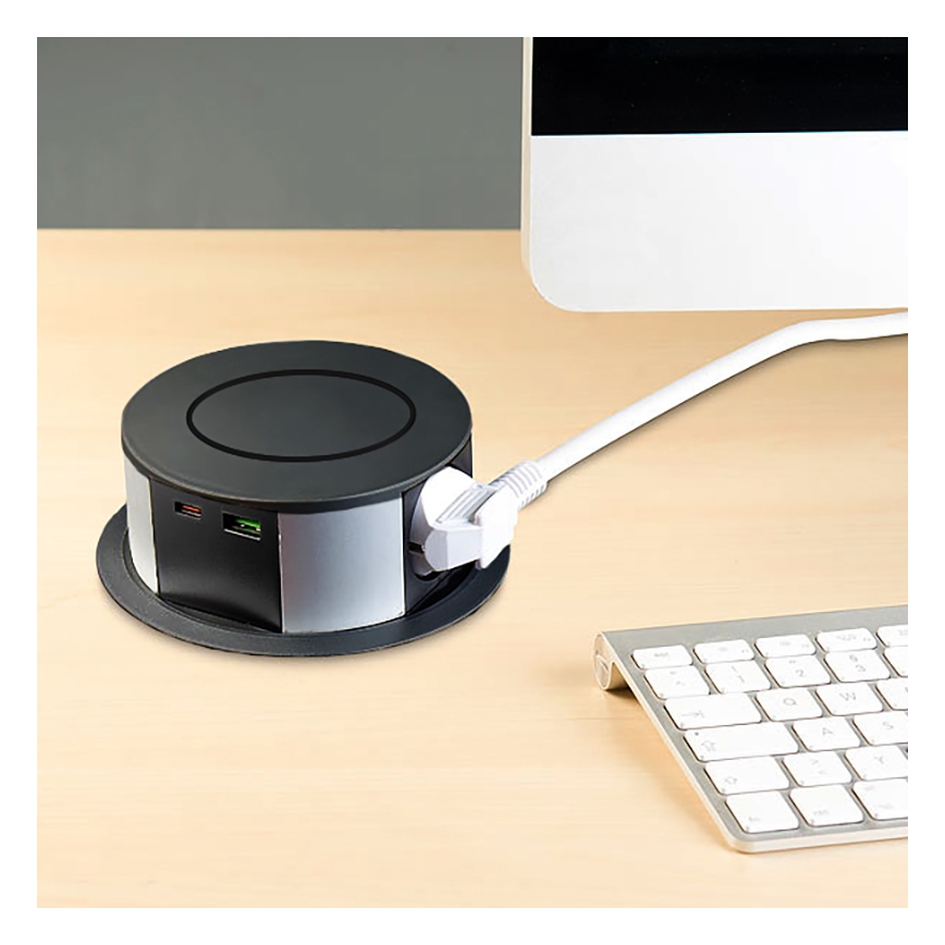 Stalviršio lizdo kolonėlė su Qi belaidžiu įkrovimu 3x230V + 1xUSB-A + 1xUSB-C juoda/sidabras