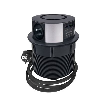 Stalviršio lizdo kolonėlė su Qi belaidžiu įkrovimu 3x230V + 1xUSB-A + 1xUSB-C juoda/sidabras