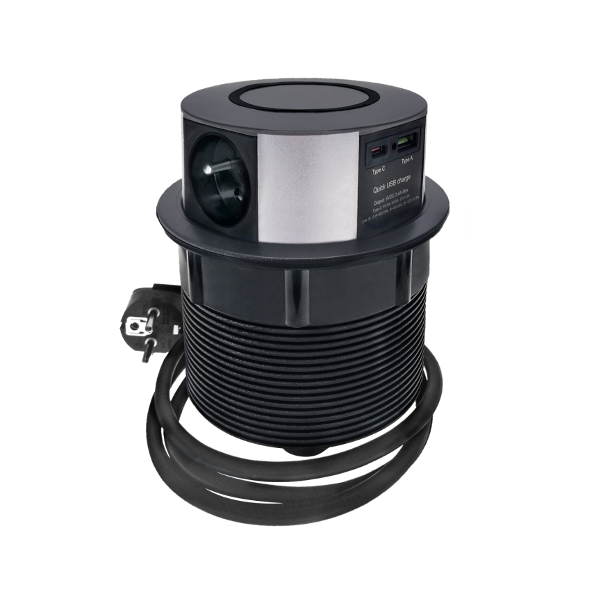 Stalviršio lizdo kolonėlė su Qi belaidžiu įkrovimu 3x230V + 1xUSB-A + 1xUSB-C juoda/sidabras