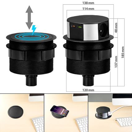 Stalviršio lizdo kolonėlė su Qi belaidžiu įkrovimu 3x230V + 1xUSB-A + 1xUSB-C juoda/sidabras
