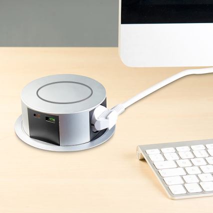 Stalviršio lizdo kolonėlė su Qi belaidžiu įkrovimu 3x230V + 1xUSB-A + 1xUSB-C sidabras/juoda