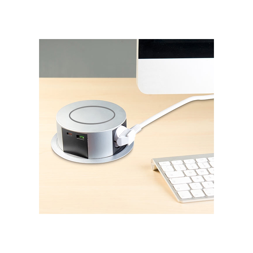 Stalviršio lizdo kolonėlė su Qi belaidžiu įkrovimu 3x230V + 1xUSB-A + 1xUSB-C sidabras/juoda