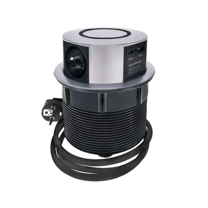 Stalviršio lizdo kolonėlė su Qi belaidžiu įkrovimu 3x230V + 1xUSB-A + 1xUSB-C sidabras/juoda