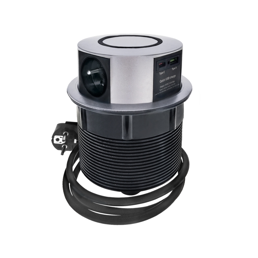 Stalviršio lizdo kolonėlė su Qi belaidžiu įkrovimu 3x230V + 1xUSB-A + 1xUSB-C sidabras/juoda