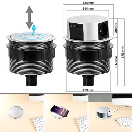 Stalviršio lizdo kolonėlė su Qi belaidžiu įkrovimu 3x230V + 1xUSB-A + 1xUSB-C sidabras/juoda