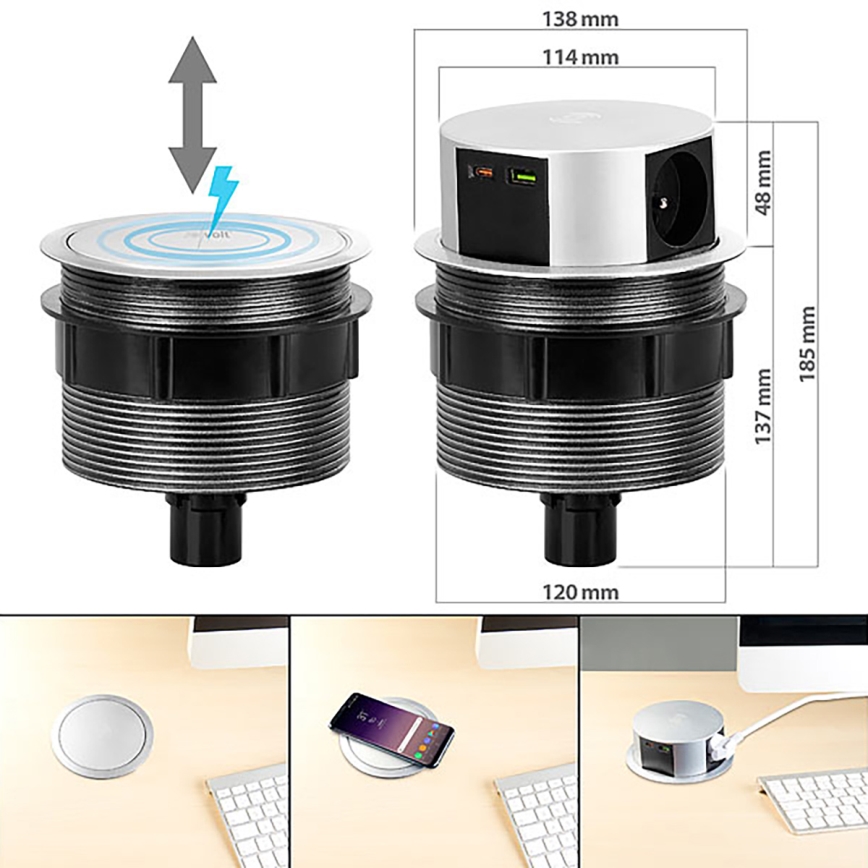 Stalviršio lizdo kolonėlė su Qi belaidžiu įkrovimu 3x230V + 1xUSB-A + 1xUSB-C sidabras/juoda