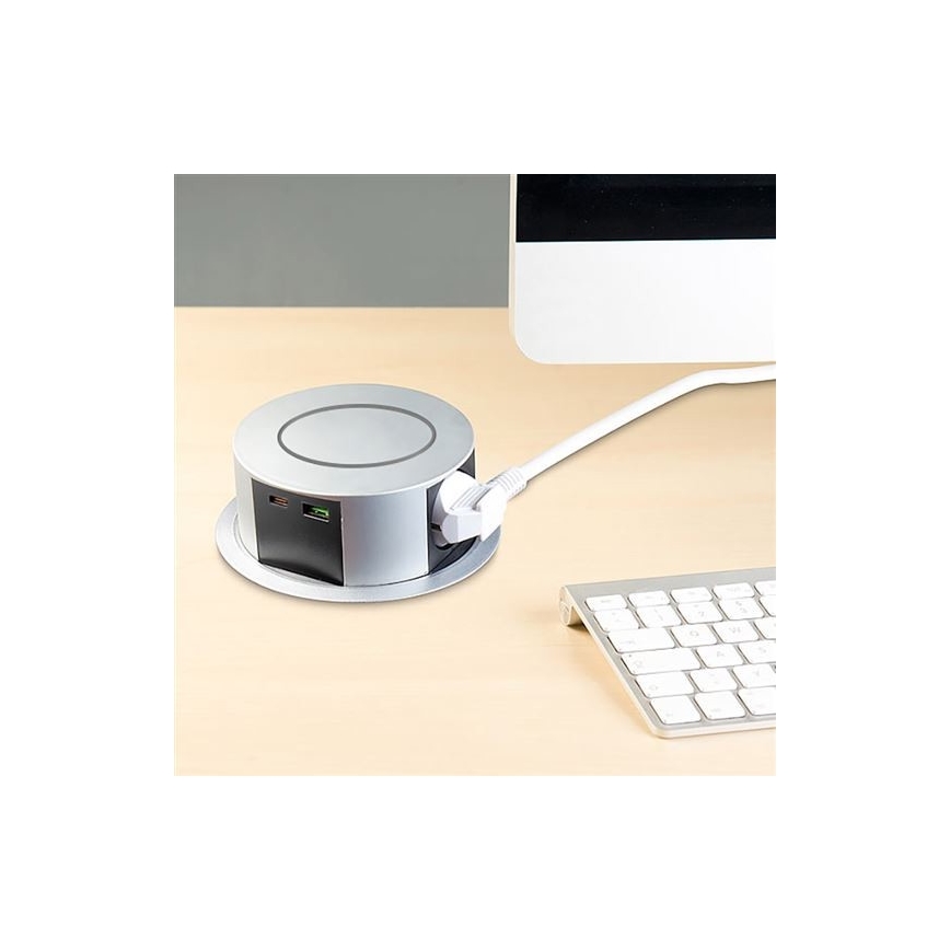 Stalviršio lizdo kolonėlė 3x230V + 2xUSB + belaidis įkrovimas