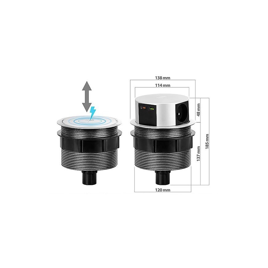 Stalviršio lizdo kolonėlė 3x230V + 2xUSB + belaidis įkrovimas