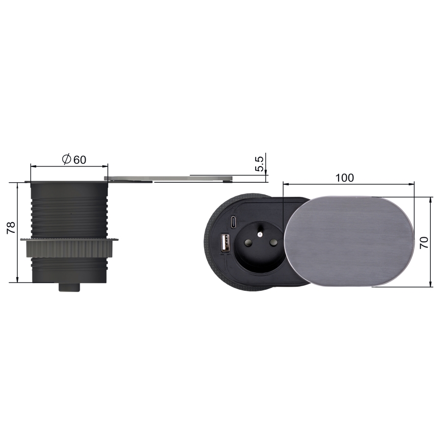 Įmontuojama kištukinė lizdas 1x + USB A+C