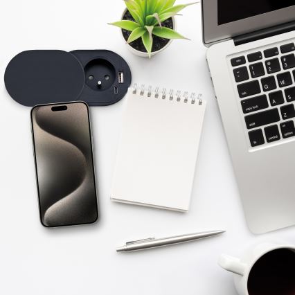 Įmontuojama rozetė su slankiu dangteliu, 20 W, 1 lizdas + USB A+C, juoda