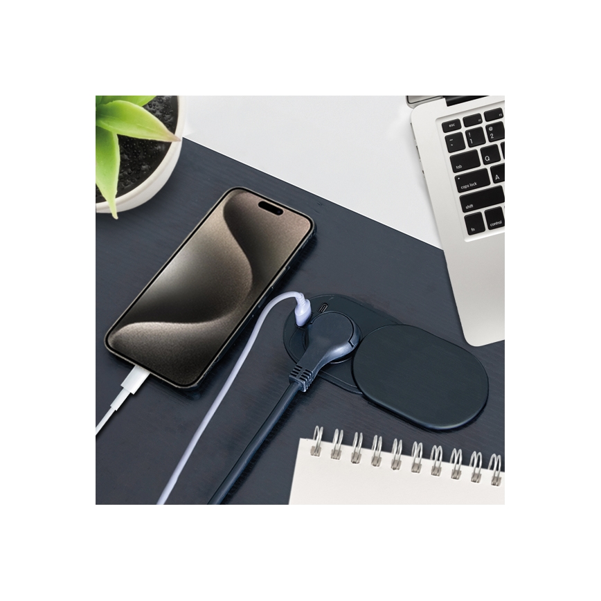 Įmontuojama rozetė su slankiu dangteliu, 20 W, 1 lizdas + USB A+C, juoda