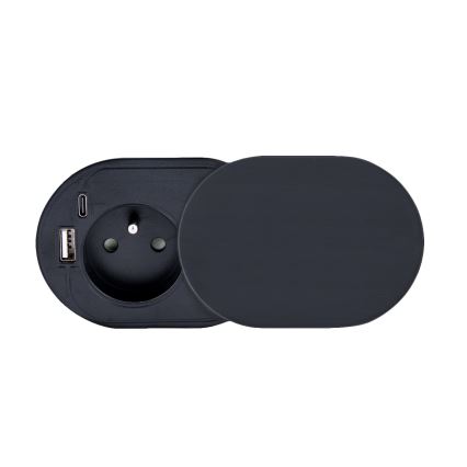 Įmontuojama rozetė su slankiu dangteliu, 20 W, 1 lizdas + USB A+C, juoda
