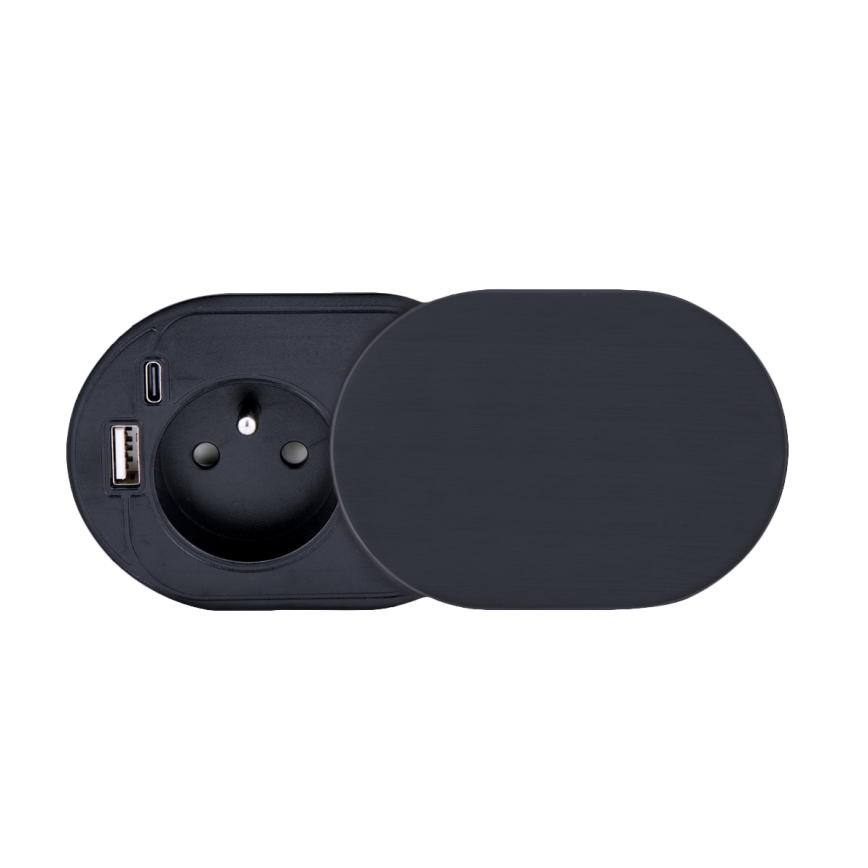 Įmontuojama rozetė su slankiu dangteliu, 20 W, 1 lizdas + USB A+C, juoda