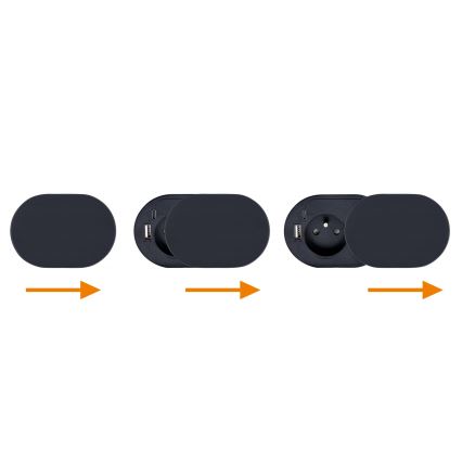 Įmontuojama rozetė su slankiu dangteliu, 20 W, 1 lizdas + USB A+C, juoda