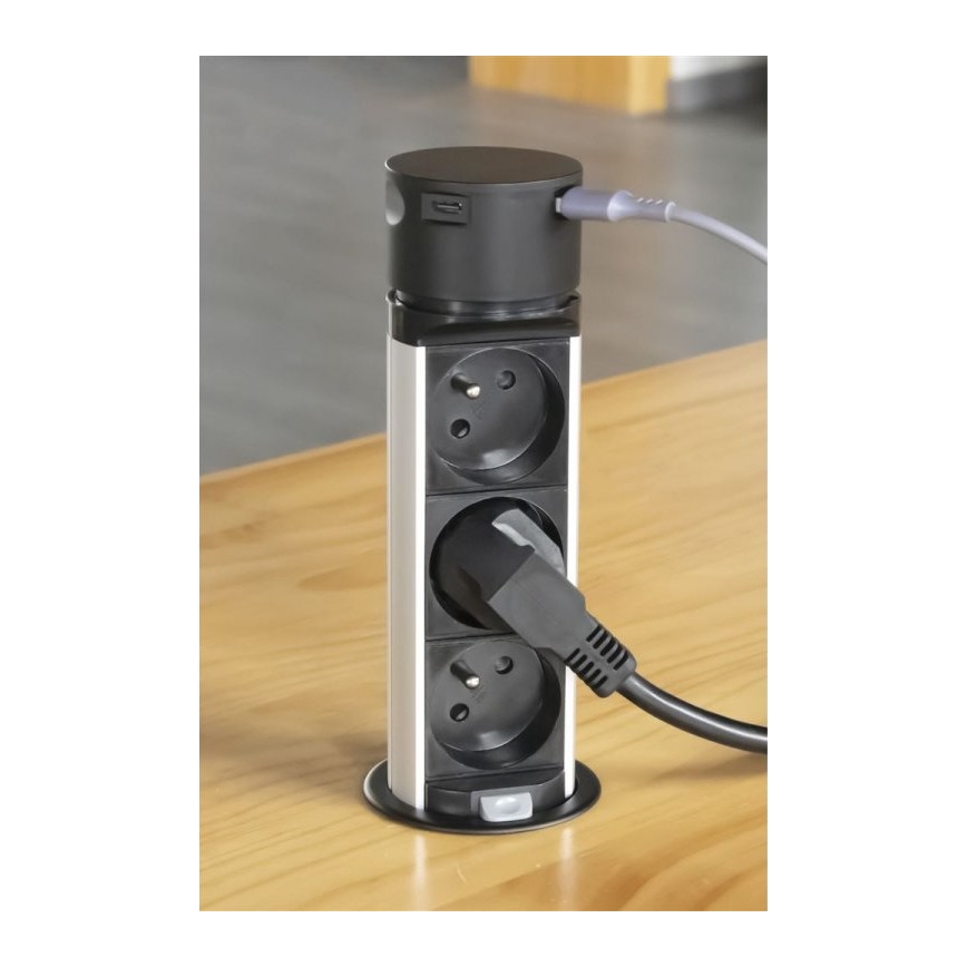 Stalviršio lizdo kolonėlė 3x230V + 2xUSB juoda