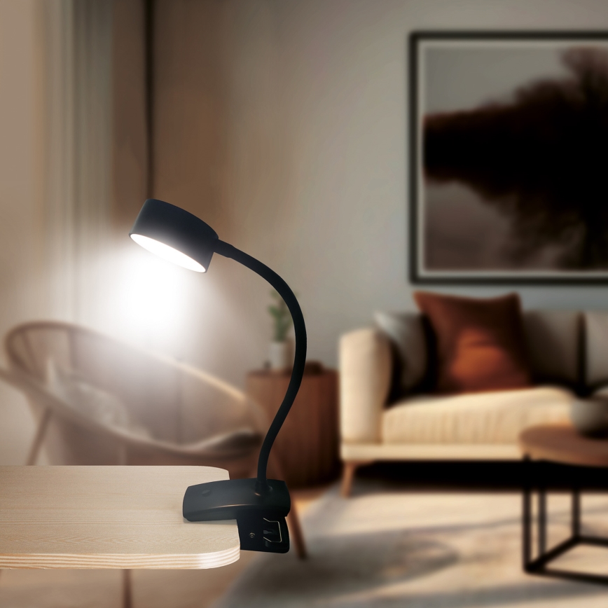 LED pritemdoma lanksti įkraunama stalinė lempa su segtuku LED/2W/1800 mAh 3000/4000/6500K juoda