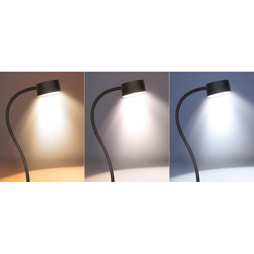 LED pritemdoma lanksti įkraunama stalinė lempa su segtuku LED/2W/1800 mAh 3000/4000/6500K juoda