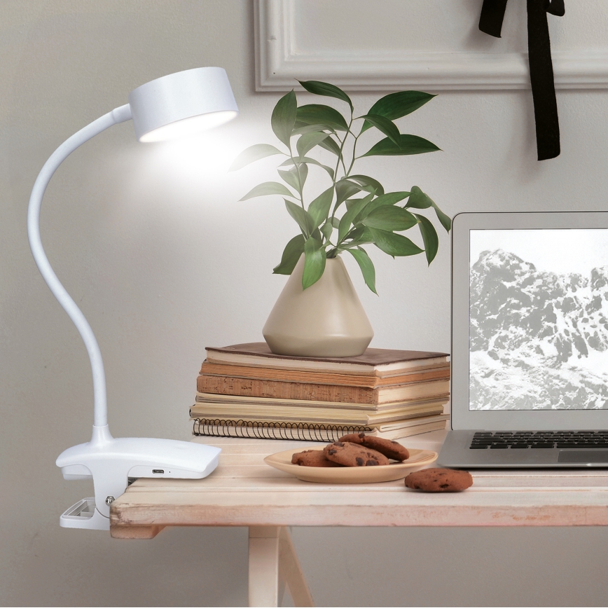 LED pritemdoma lanksti įkraunama stalinė lempa su segtuku LED/2W/1800 mAh 3000/4000/6500K balta