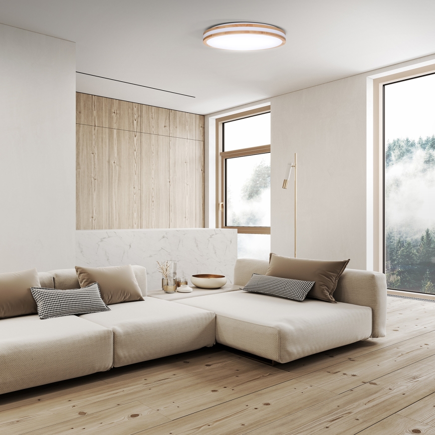 LED Pritemdomas lubinis šviestuvas WOODY LED/48W/230V 3000-6500K ąžuolas diametras 38 cm + nuotolinio valdymo pultas