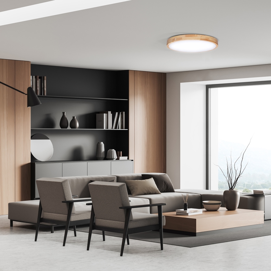 LED Pritemdomas lubinis šviestuvas SOLID OAK LED/48W/230V 3000-6500K ąžuolas diametras 39 cm + nuotolinio valdymo pultas
