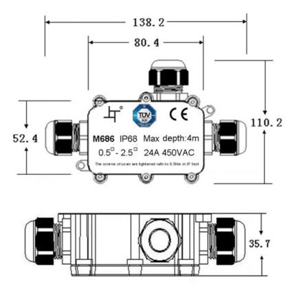 Solight WW004 - Vandeniui atspari jungiamoji dėžutė 24A/450V AC IP68