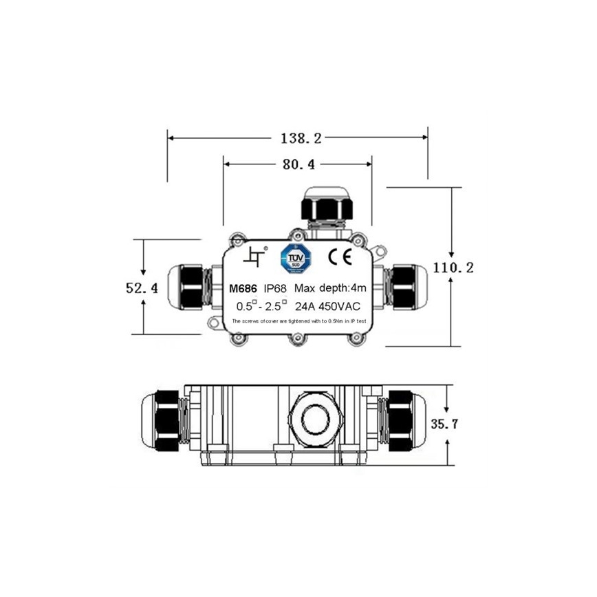 Solight WW004 - Vandeniui atspari jungiamoji dėžutė 24A/450V AC IP68