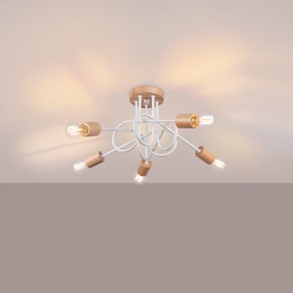 Tvirtinamas sietynas EMBER 5xE27/15W/230V balta/smėlio spalva/bukas